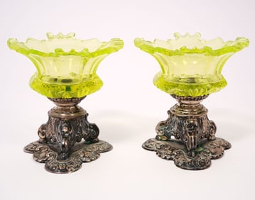 Uranium Glass Silver Footed Candle Holders