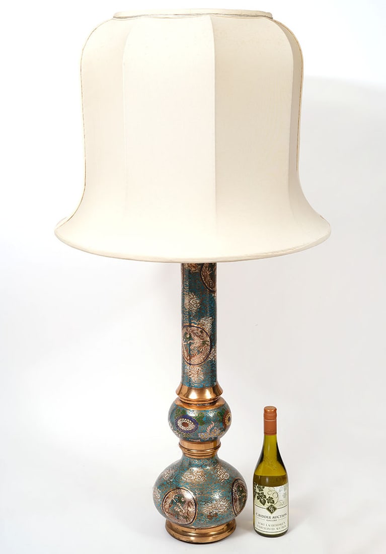 Chinese Cloisonne Brass Vase Lamp: Chinese cloisonne brass vase converted to lamp, measures 38"H x 8.5"W. Condition report: Common surface wear, please see all photos. Contact C. Biddle Auction Gallery for more detailed information. C.