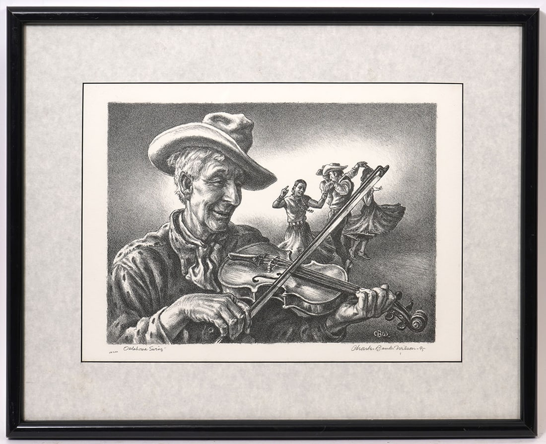 Charles Banks Wilson 'Oklahoma Swing' Signed Litho: Charles Banks Wilson, American (1918 - 2013) 'Oklahoma Swing' lithograph, pencil signed lower right. Measures: Visual image - 11"H x 15"W, Framed 17"H x 21"W. Condition report: Good condition, please 