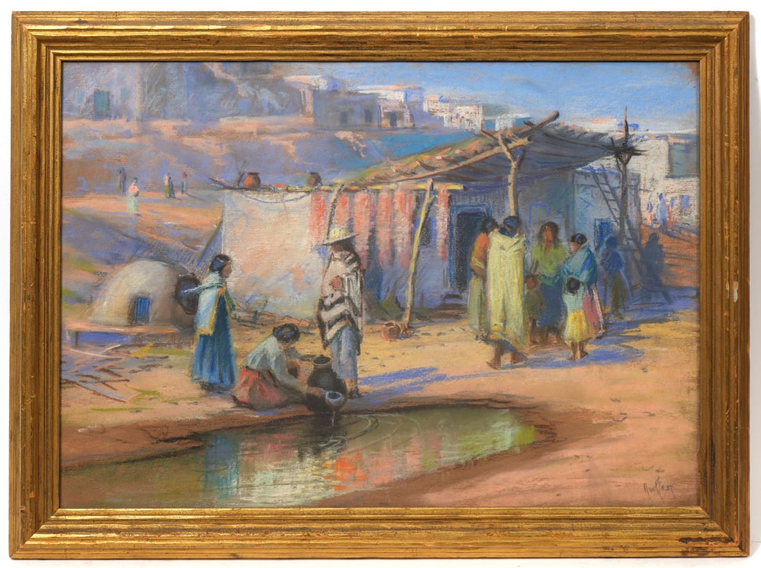 Arthur Best Native American Village Signed Pastel: Arthur William Best, American (1859-1935) Pastel on paper of Native American village scene. Measures: Visual Image - 13.5"H x 19"W, Framed - 17"H x 22.5"W. Condition report: Good condition, please see