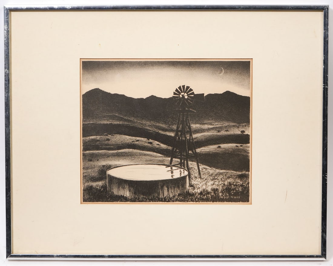 Peter Hurd ''Stock Well at Dusk" Lithograph: Peter Hurd, American (1904-1984) ''Stock Well at Dusk,'' lithograph, signed in plate and framed behind glass. Measures: Visual image: 8.75"H x 10"W, Framed: 15.25"H x 19.25"W. Condition report: Good c