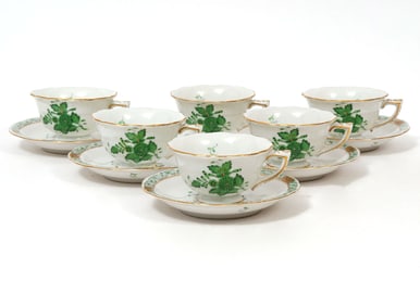 6 Herend Chinese Bouquet Green Tea Cups Saucers