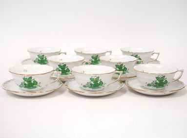 8 Herend Chinese Bouquet Green Cups & Saucers