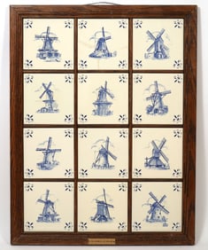 Framed Array of Delft Blue & White Windmills Tiles