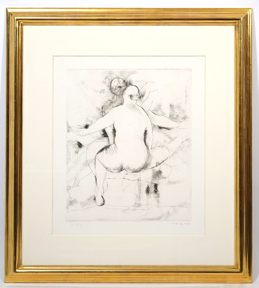 Marino Marini Framed Signed Etching Two Figures: Marino Marini (Italy, 1901-1980) etching and drypoint of two figures mounted in glossy gilt wood frame. Numbered lower left, possibly ES XX/XIX, signed lower right. Measures 31.25"H x 28.75"W framed;