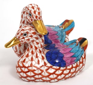 Two Herend Porcelain Rust Fishnet Ducks