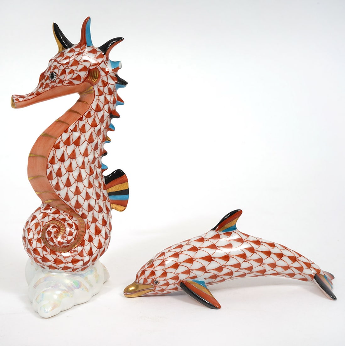 Herend Porcelain Rust Fishnet Seahorse and Dolphin (1 of 6)