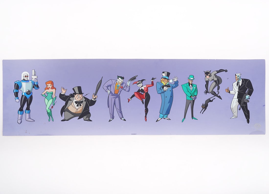 Warner Brothers 'Gallery of Villains' Sericel: Warner Brothers 'Gallery of Villains', limited edition sericel print from 'Batman: The Animated Series' featuring a lineup of the show's villains. It features characters such as Mr. Freeze, Poison Ivy