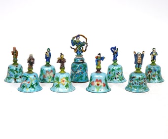 Group of 9 Chinese Enamel Immortal Bells