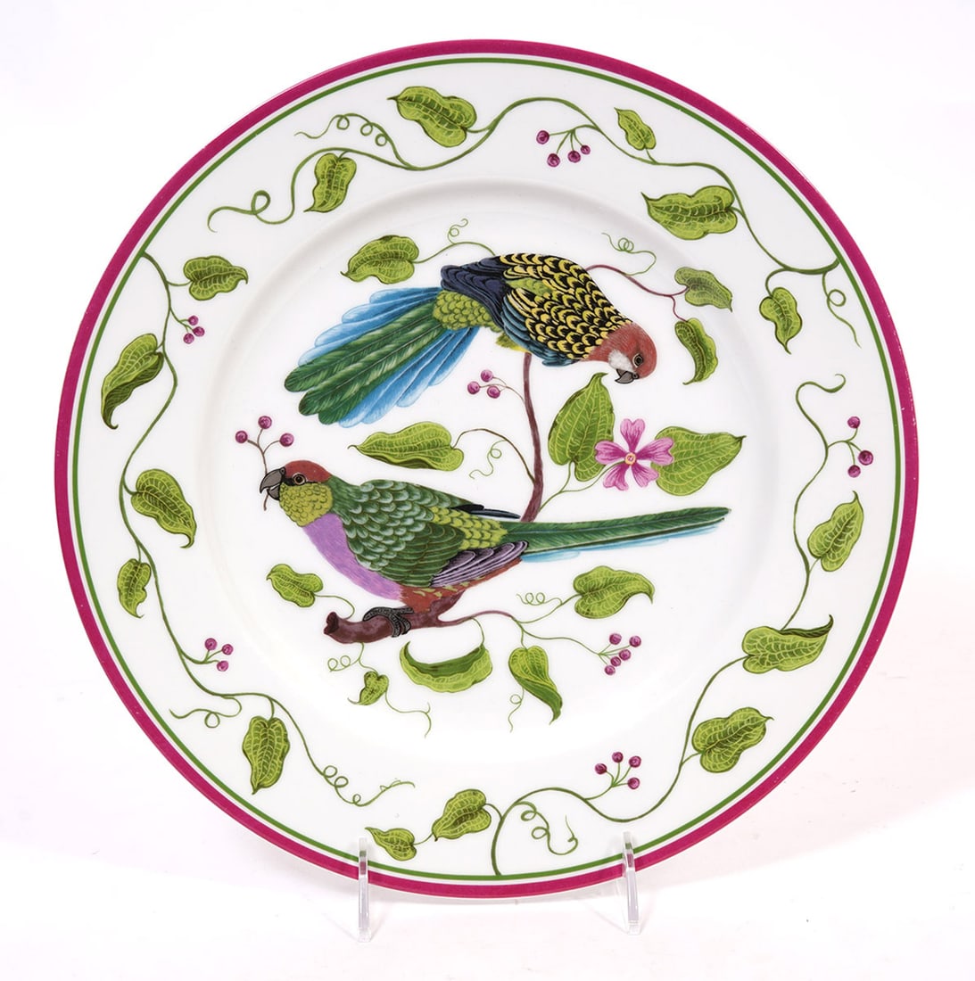 Lynn Chase "Parrots of Paradise" Porcelain Charger: Lynn Chase "Parrots of Paradise" porcelain charger featuring two varieties of Australian parrots. Charger measures 12.5" in diameter. Condition report: Good condition, please see all photos. Contact C