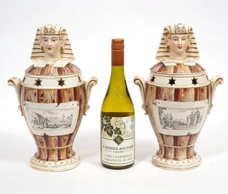 Pr. French Faience Egyptian Motif Urns