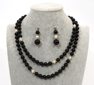 Onyx Beads & Pearls 14K Necklace & Earrings