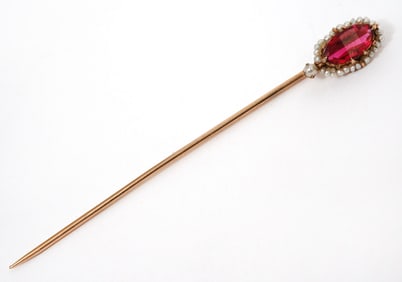 10K Yellow Gold Ruby & Pearls Stick Pin