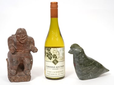 Two Signed Inuit Carved Stone Figures Man & Bird