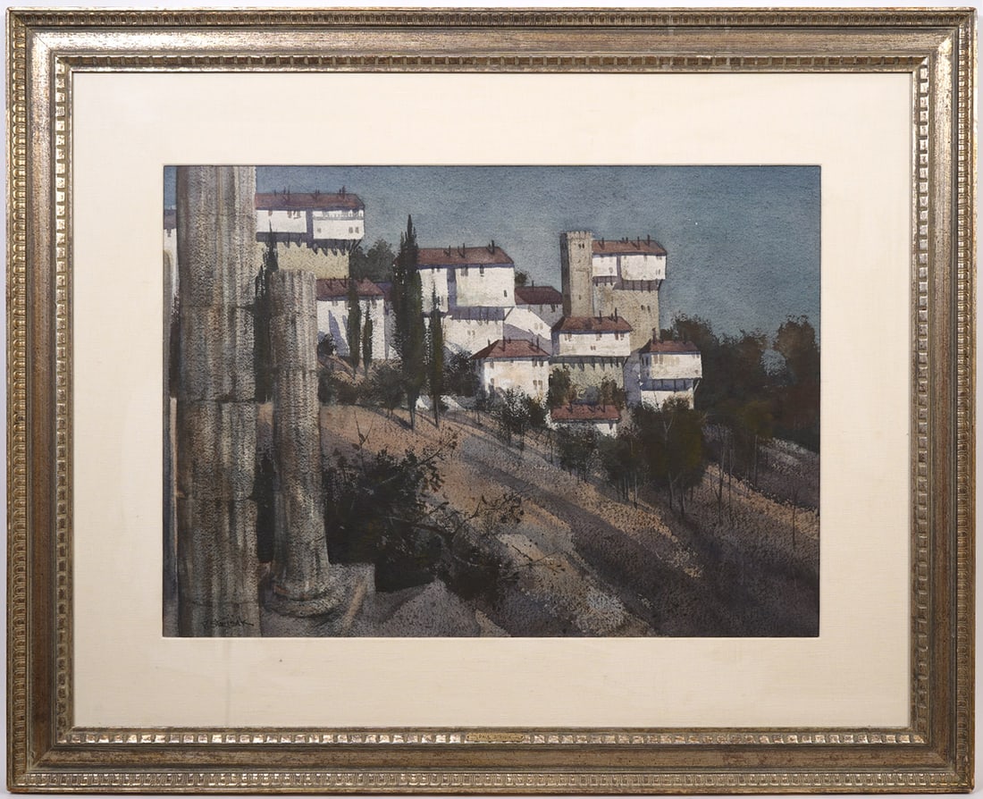 Paul Strisik "Moonlight, Greece" Painting: Paul Strisik, American (1918-1998). "Moonlight, Greece" watercolor on paper, signed lower left. Measures: Paper 20"H x 28"W, Frame - 32"H x 40"W. Condition report: Good condition, please examine all p