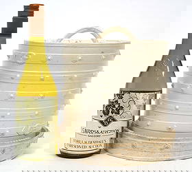 English Creamware Trompe L'oeil Cheese Dome: English creamware trompe l'oeil cheese dome styled as fabric or leather cover with buckles and button accents. Measures 10.5"H x 9"W. Condition report: Hairline crack to top, please see all photos. Co