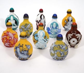 10 Chinese Peking Glass Mixed Motif Snuff Bottles