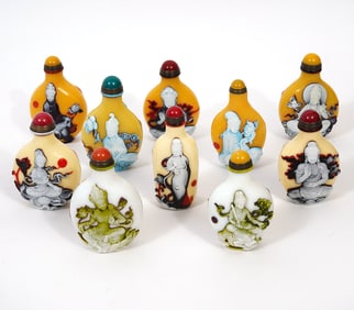 10 Chinese Peking Glass Guanyin Snuff Bottles