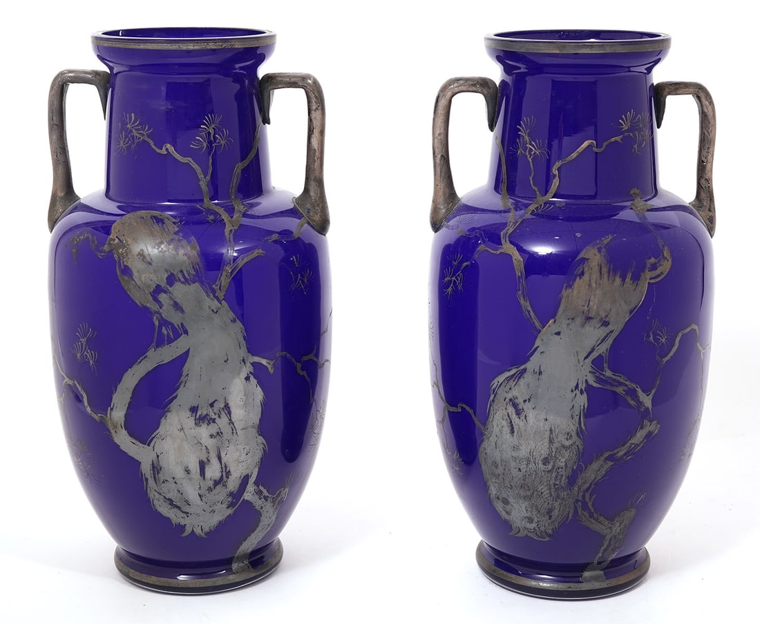 Pair French Painted Overlay Opaline Glass Vases (1 of 14)