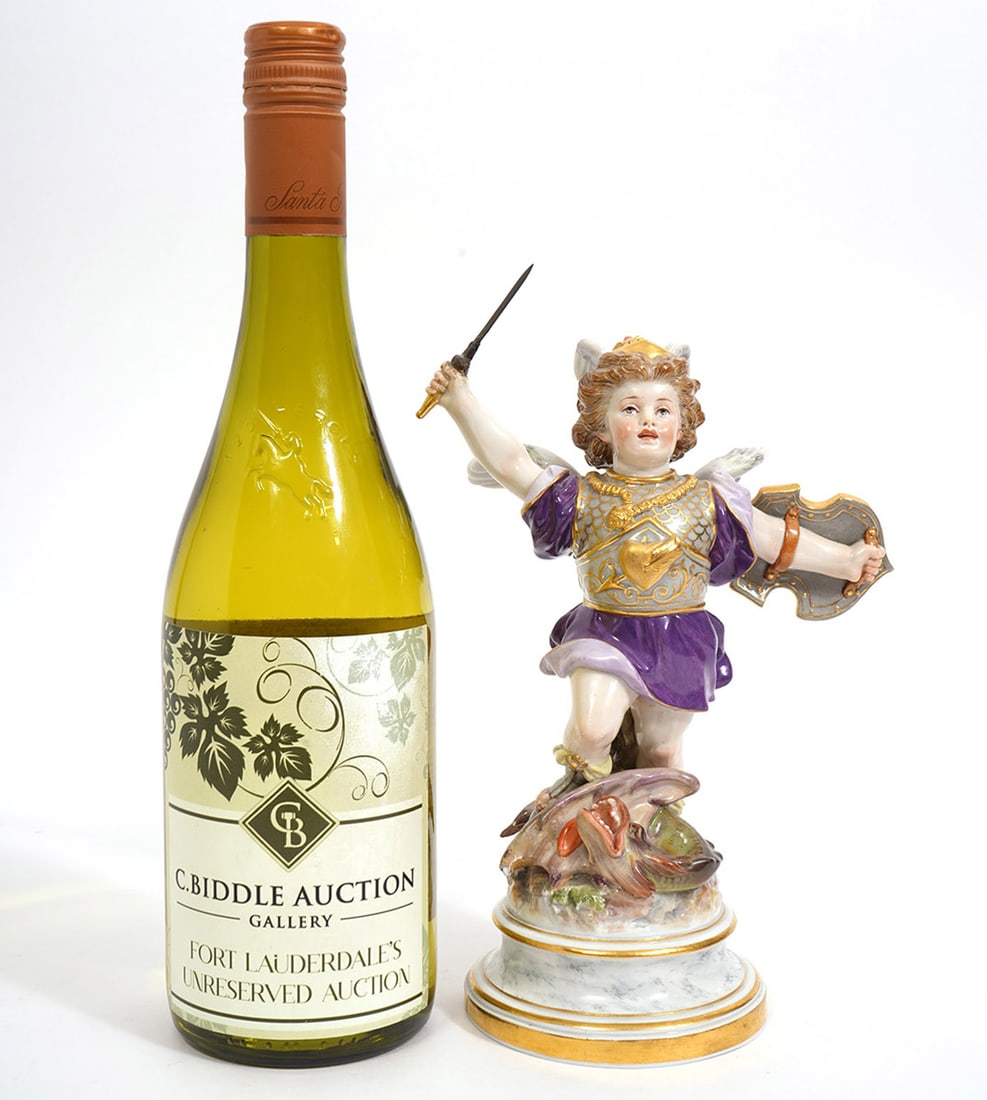 Meissen Porcelain St. George Putto Figure: Meissen porcelain figure of a putto as St. George and is dressed as a warrior with a shield and sword. Meissen marks on underside and impressed with L113 114.Measures 9"H x 6"W x 3.75"D. Condition rep