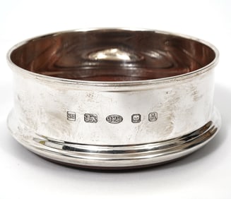 English Sterling Silver & Wood Wine Coaster