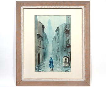 European Watercolor Street Scene Signed