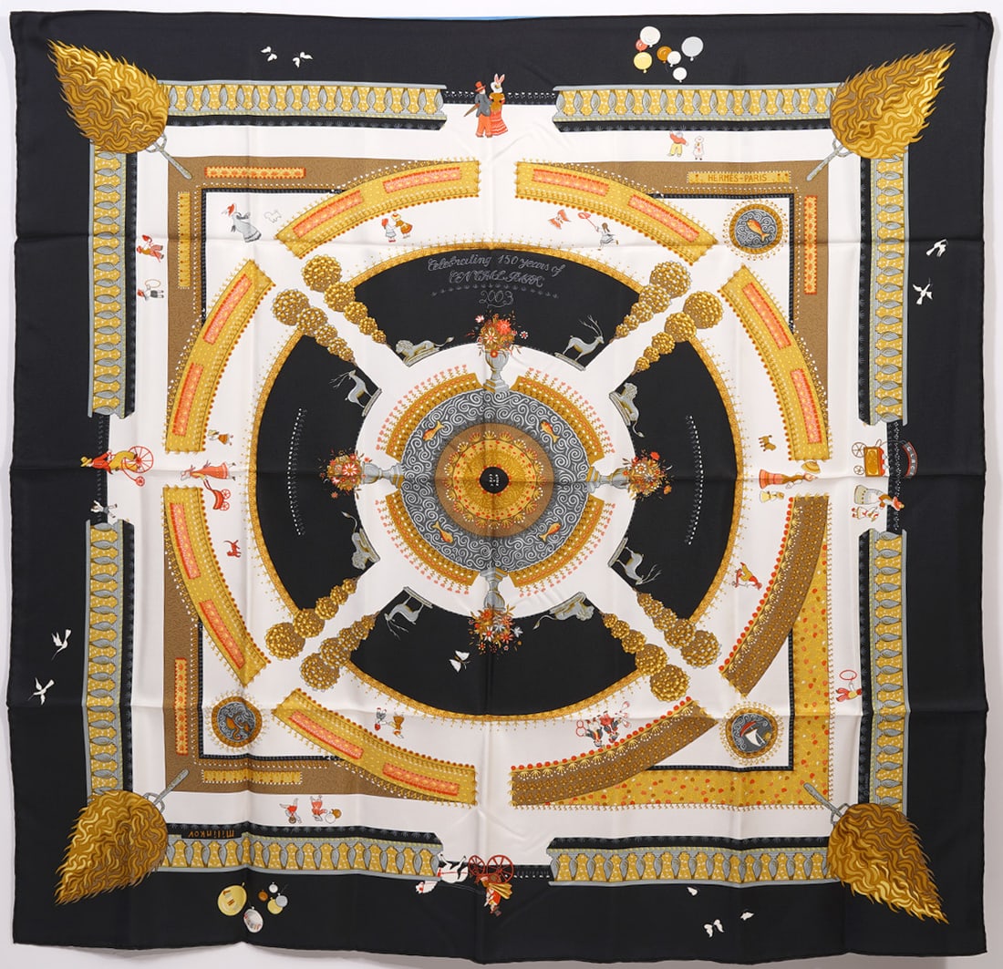 Hermes Silk Scarf Central Park 150th Anniversary: Hermes silk scarf was designed by Ljubomir Milinkov in 1986 and reissued in 2003 to commemorate the 150th Anniversary of Central Park in Manhattan, New York. Measures 35"x 35" and is in good condition