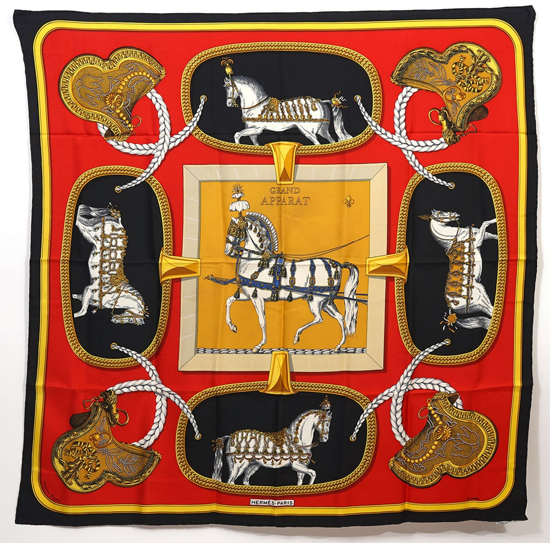 Hermes Scarf 'Orgauphone et Autres Mécaniques': Hermes silk scarf in dramatic colors was designed in 1996-7 by Francoise Faconnet with a theme that is dedicated to music, particularly organs. 'Orgauphone et Autres Mecaniques Par Hermes - Paris' mea