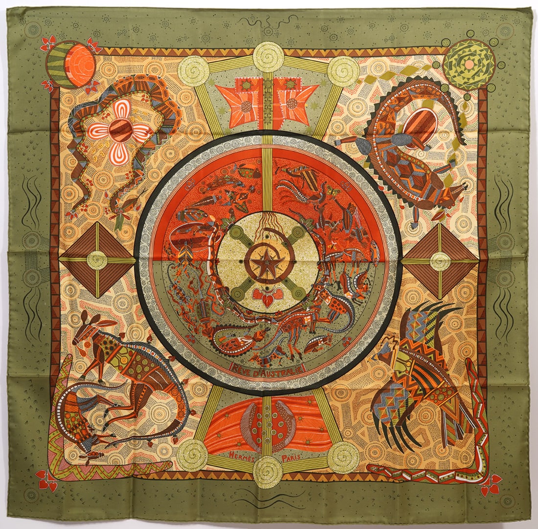 Hermes 'Australian Dream' Silk Scarf: Hermes 'Australian Dream' silk scarf was designed by Zoe Pauwels, 1999-2000, has hand rolled edges and an 'Hermes' tag. This features animals native to Australia. Measures 35" x 35" and is in good con