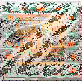 Hermes 'Chantilly' Silk Scarf: Hermes "Chantilly' silk scarf designed by Maurice Taquay in 1951 is signed by the artist and has horse riding scenes, hand rolled oranges edges, Hermes tag and Hermes-Paris printed on the scarf. Measu