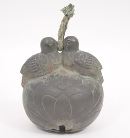 Japanese Bronze Bell With Two Birds