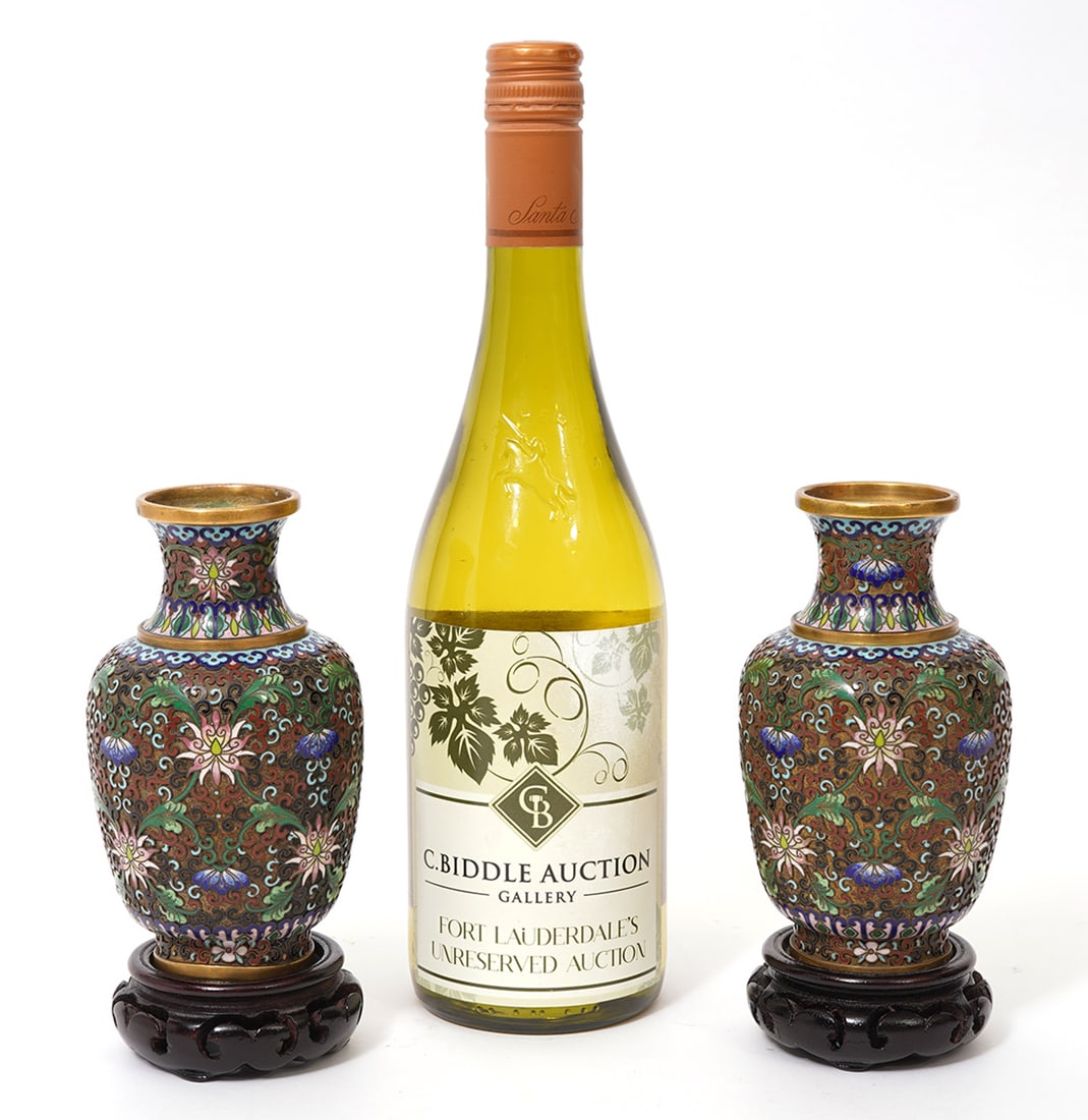 Pr. Chinese Cloisonne Enamel Vases on Wood Stands (1 of 8)