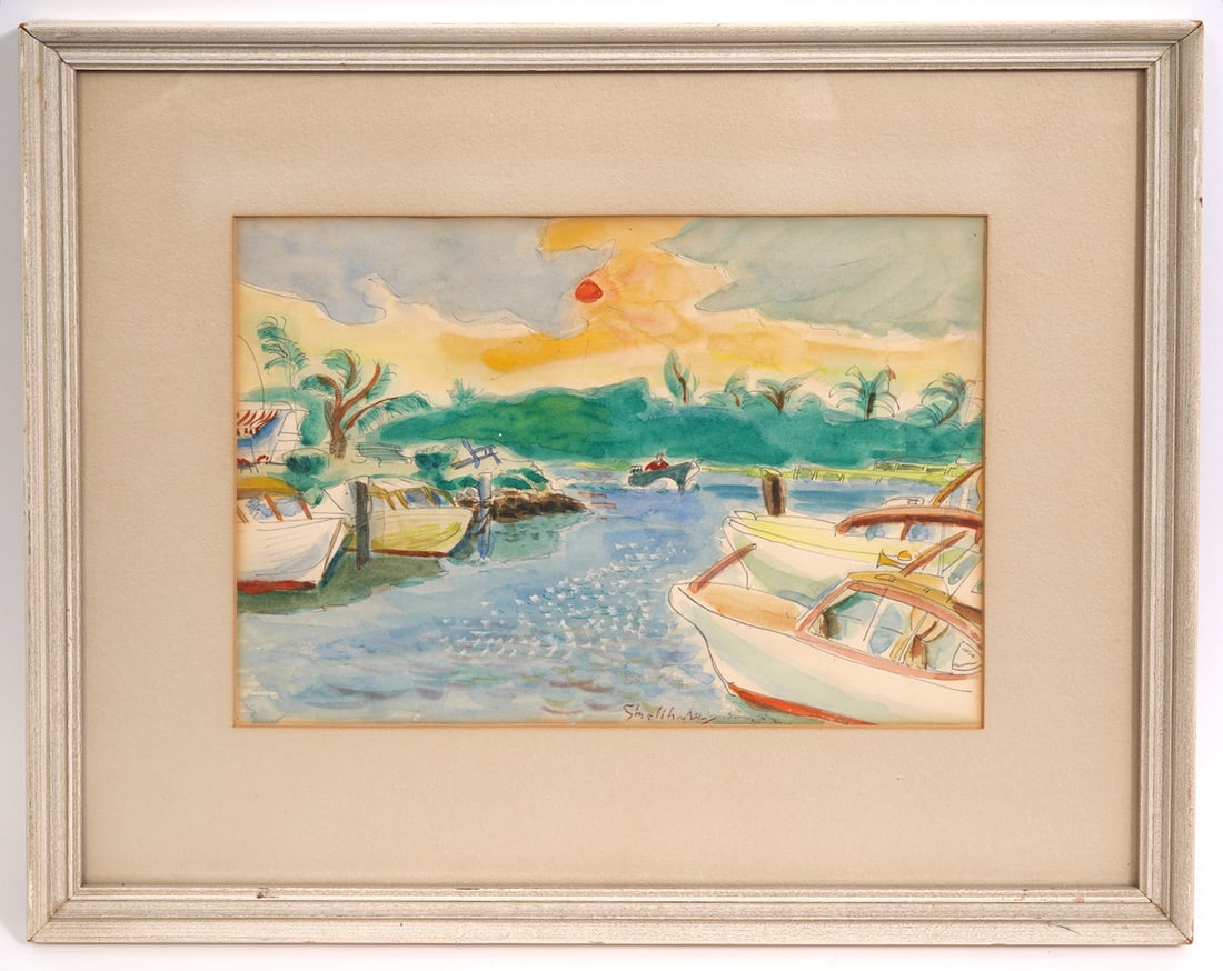 Tranquil Watercolor of Boats at the Dock (1 of 7)