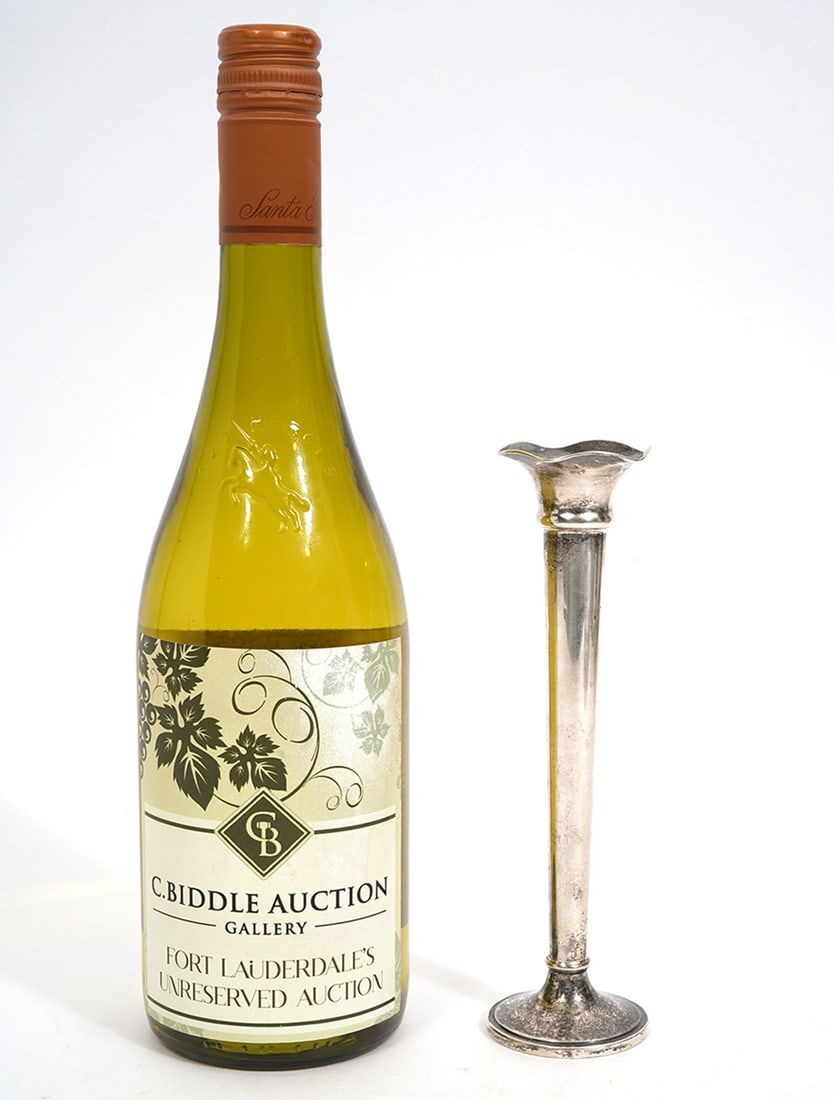 Cartier Art Nouveau Sterling Trumpet Vase: Cartier sterling art nouveau trumpet bud vase is marked on bottom 'Cartier B & M Sterling 288' and weighs 64 total grams with weighted base. Measures 7"H x 1.75"W top x 2"W base. Condition report: goo