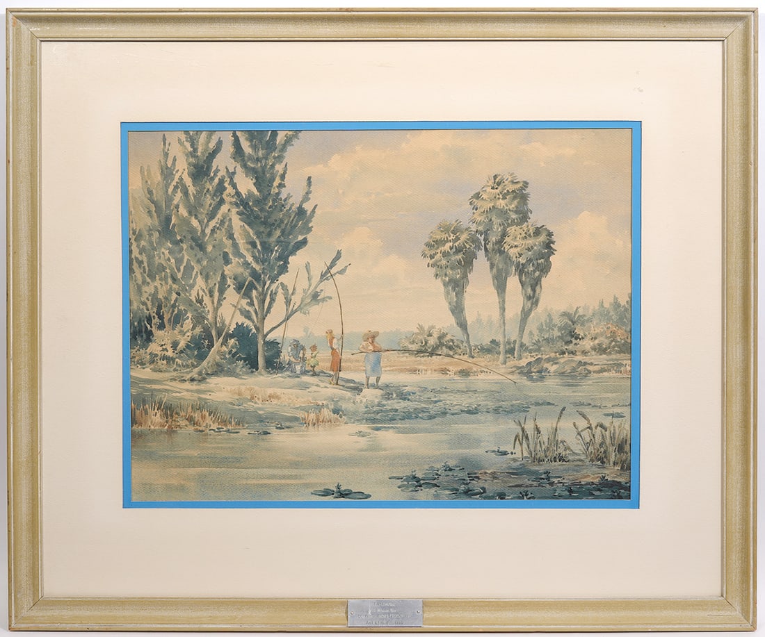 Watercolor 'First Prize' Fishing Scene Painting: Watercolor painting of a fishing scene with a plaque that reads 'First Prize / Sea-Scape / Coconut Harvest Festival / Art Exhibit 1950'. Measurements: Visual image - 18"H x 24"W; Framed 30"H x 35"W. C