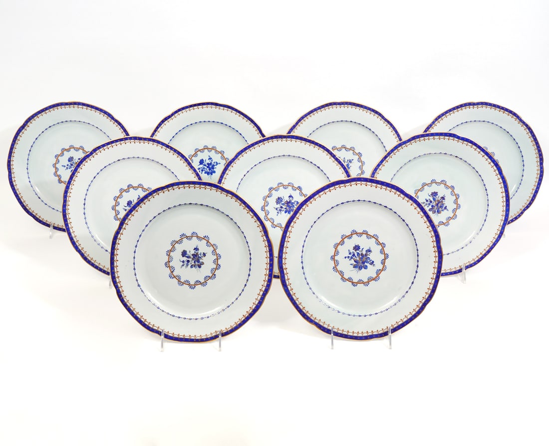9 English Hand-Painted Blue Floral Dinner Plates (1 of 5)