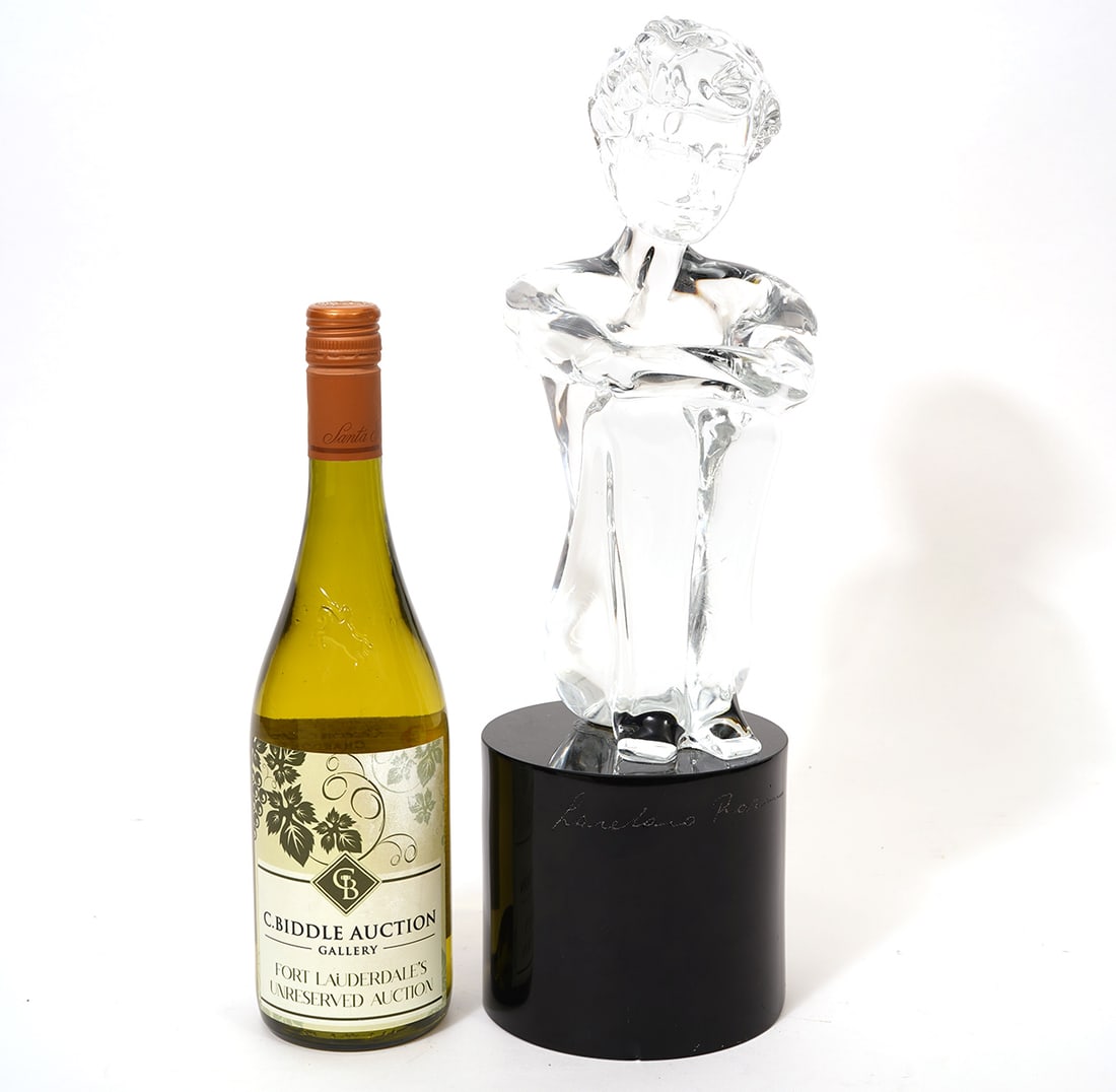 Loredano Rosin Murano Glass Sculpture: Loredano Rosin, Italy (1936-1992). Large Murano clear glass sculpture of a nude body seated on a black cylindrical base with his hands resting on his knees, signature etched on base. Measures 16"H x 5