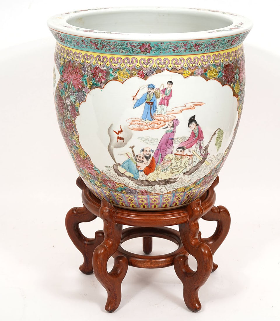 Chinese Porcelain Fish Bowl With Wood Pedestal (1 of 7)