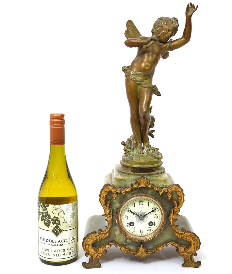 Green Onyx Mantle Clock with Bronze Fairy (1 of 9)