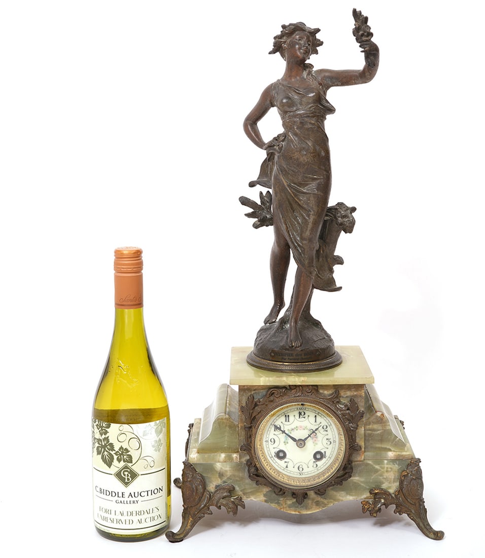 Green Onyx Mantle Clock with Bronze Maiden (1 of 11)