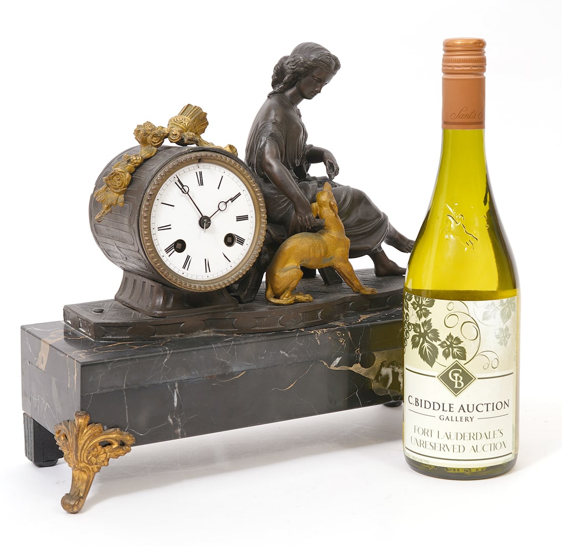 Bronze Maiden And Dog on Black Marble Mantle Clock (1 of 6)