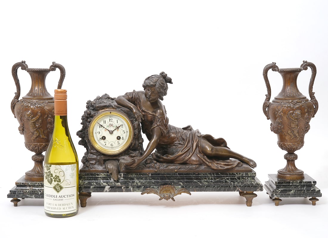 French Bronze Marble Mantle Clock w/ Pair of Urns (1 of 10)
