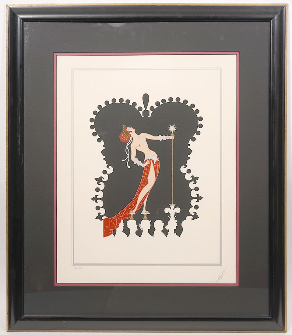 Erte "Pride" Serigraph Signed & Numbered: Erte (Russian/French 1892-1989) "Pride" limited edition serigraph signed and numbered, matted and framed behind glass. Measurements: Visual Image: 22.5"H x 17.5"; Frame: 33"L x 28"W. Condition report: