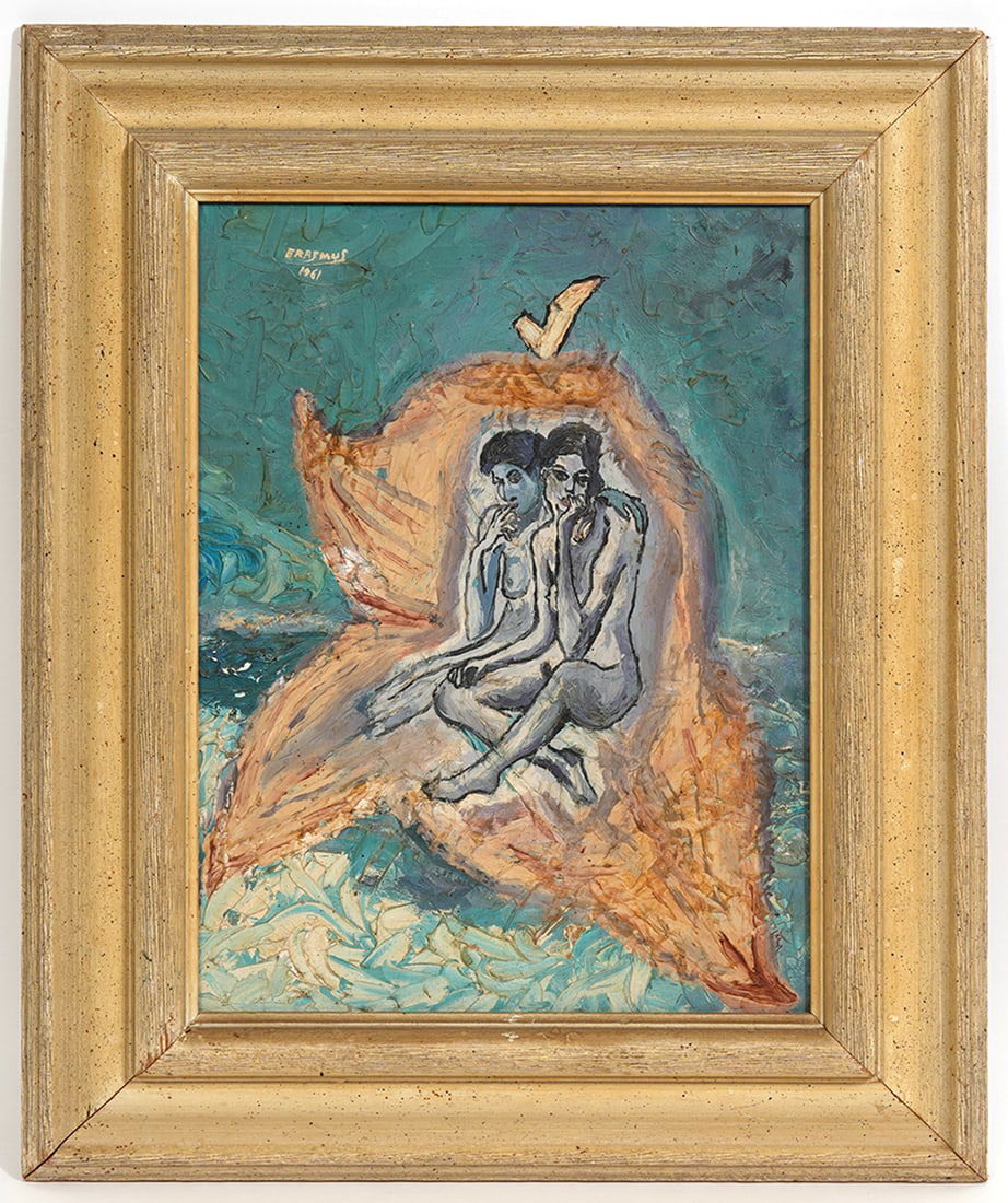Nel Erasmus Nude Couple Oil on Board Painting: Nel Erasmus (South African, b. 1928) Oil on board painting signed upper left and dated 1961. Measurements: Board - 17"H x 13"W; Frame - 22"H x 18"W. Condition report: Good condition, please see all ph