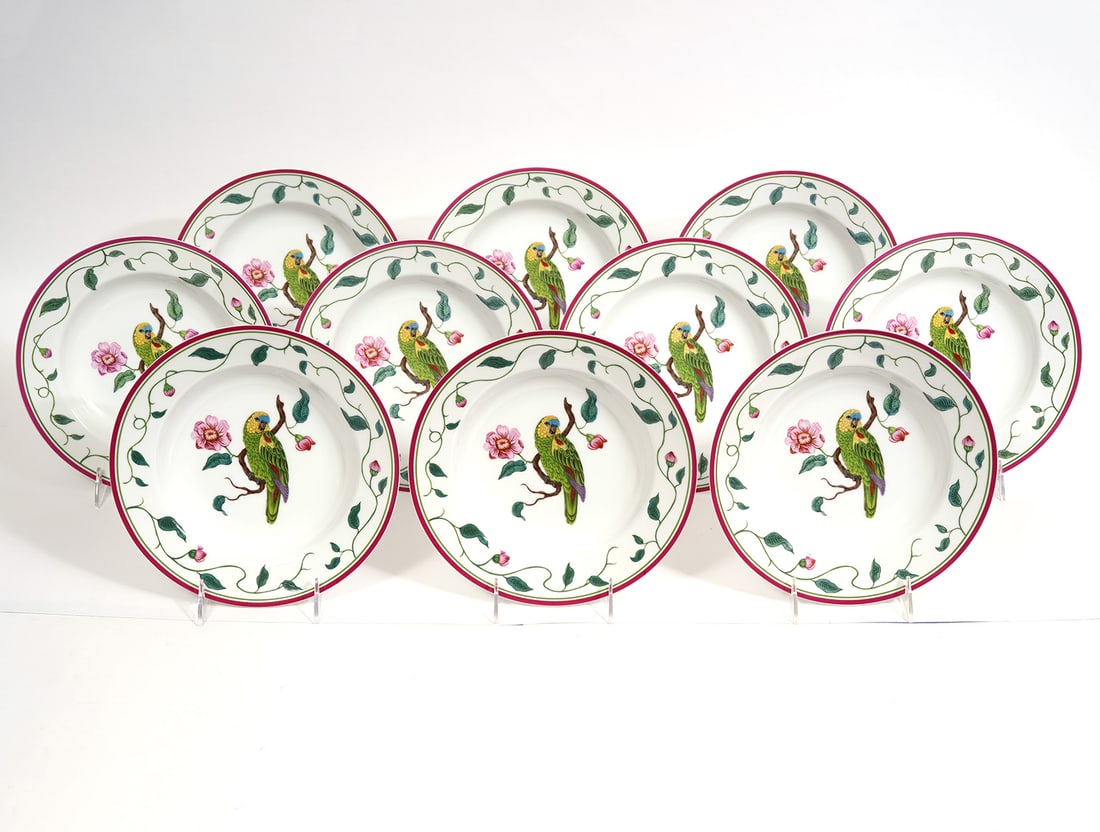 10 'Parrots of Paradise' Bowls by Lynn Chase: 10 soup bowls by Lynn Chase Designs in the pattern 'Parrots of Paradise' features a colorful design of parrots and flowers on white ground. Measures 9 1/8"W x 1 5/8"H. Condition report: good condition