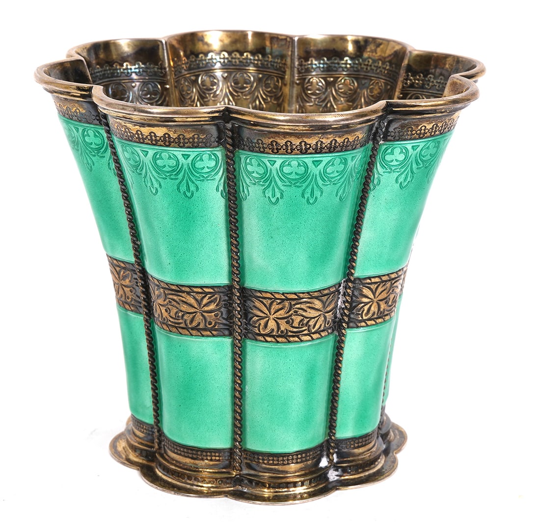 Anton Michelsen Queen Margarethe Sterling Cup: Danish sterling and green guilloche enameled cup with gilt interior is signed on underside 'Michelsen Copenhagen N9 Sterling Denmark X' and chased with ivy leaf and rope patterns. Weighs 186 grams and