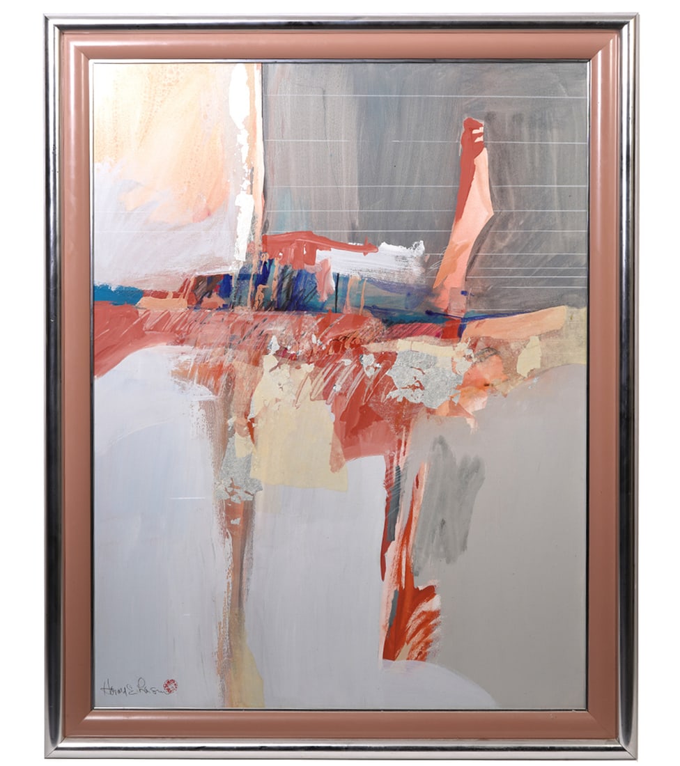 Harold E. Larsen Mixed Media Painting: Harold E. Larsen, American (Born 1934). Larsen is known as an abstract expressionist in western landscapes. This mixed media painting is signed lower left and mounted in a chrome frame. Measures 46 3/