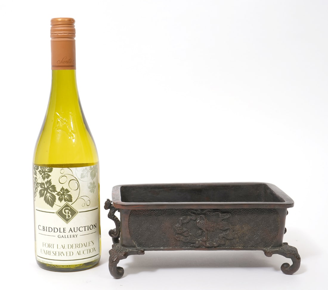 Chinese Signed Bronze Rectangular Footed Planter (1 of 8)