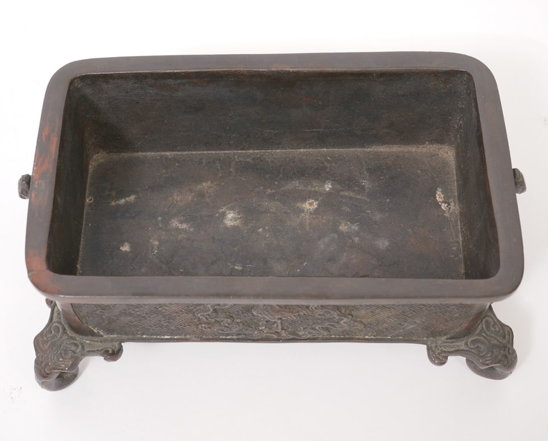 Chinese Signed Bronze Rectangular Footed Planter - 4