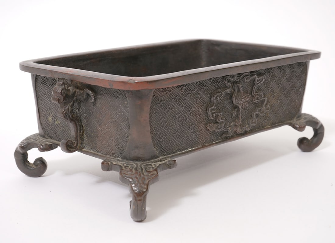 Chinese Signed Bronze Rectangular Footed Planter - 7
